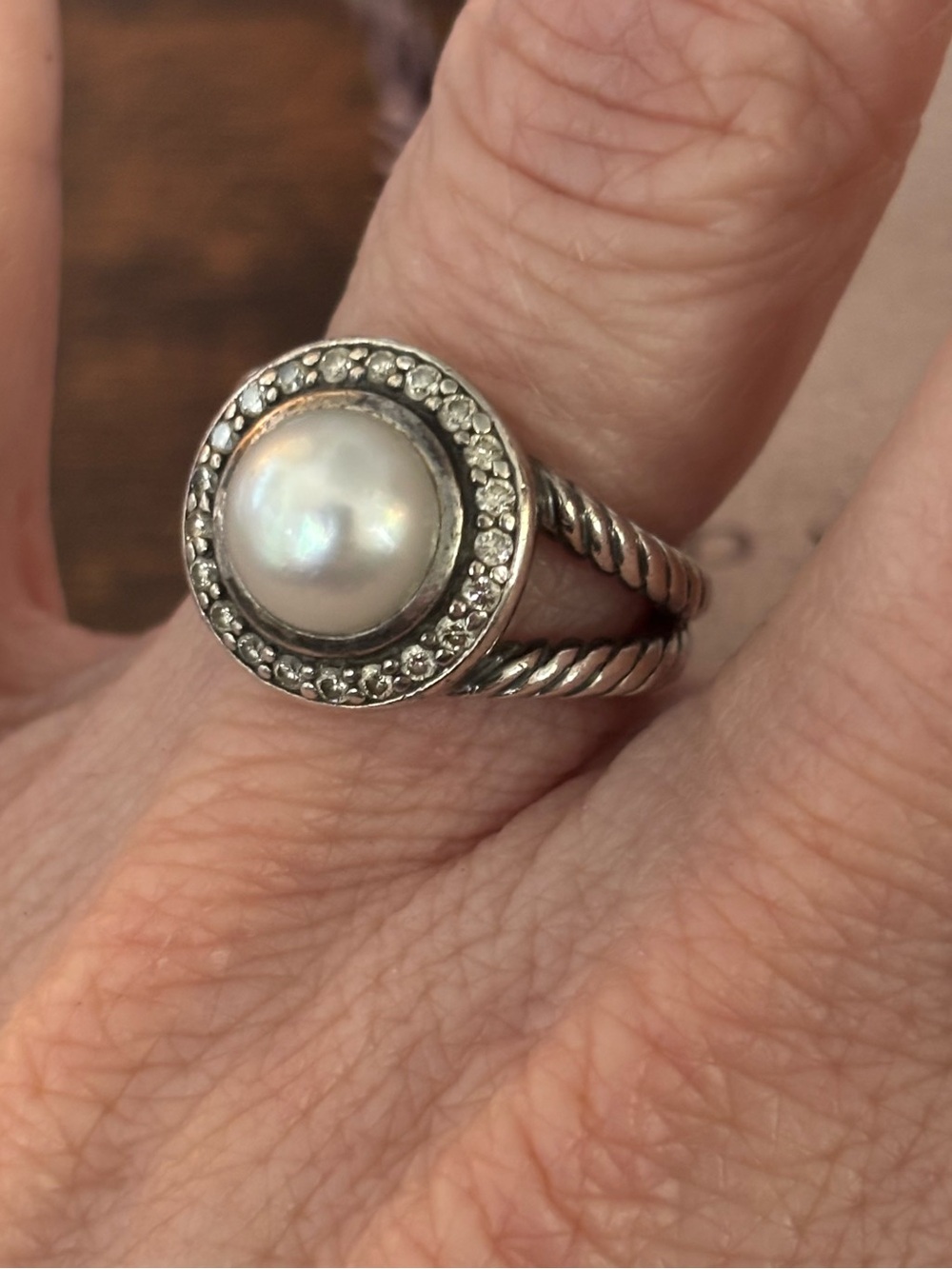 David Yurman Silver Cable Ring - Pearl and Diamond Halo - Albion collection - Picture 4 of 11